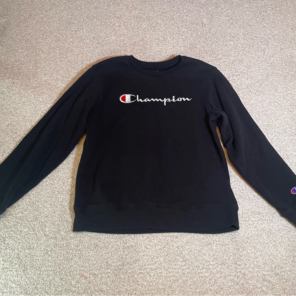 Champion Stitched Spellout Sweatshirt Youth Size XL Black Long Sleeve Crew Neck